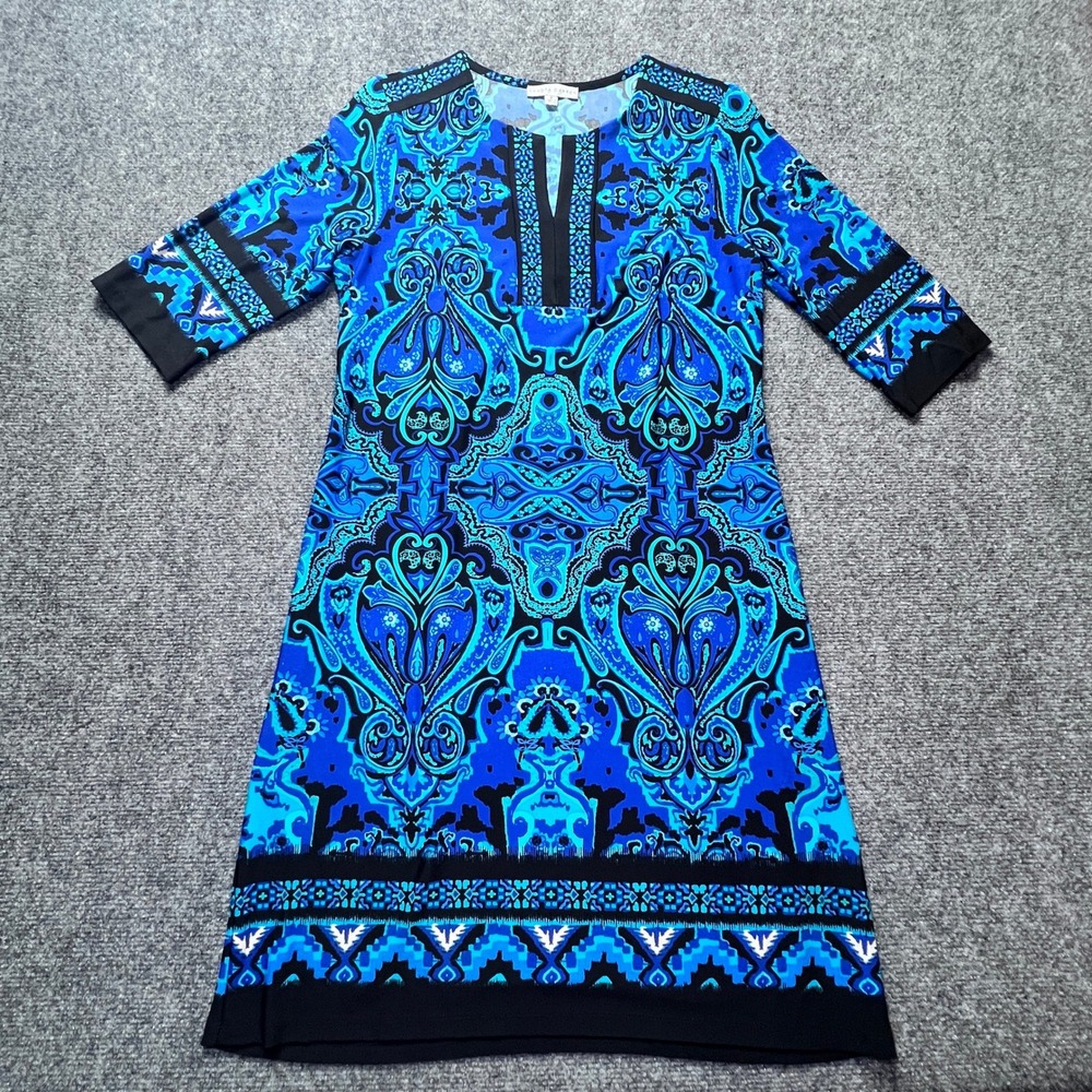 Sandra Darren Blue Paisley Medallion Split Neck Shift Dress 8 Work Evening Loose